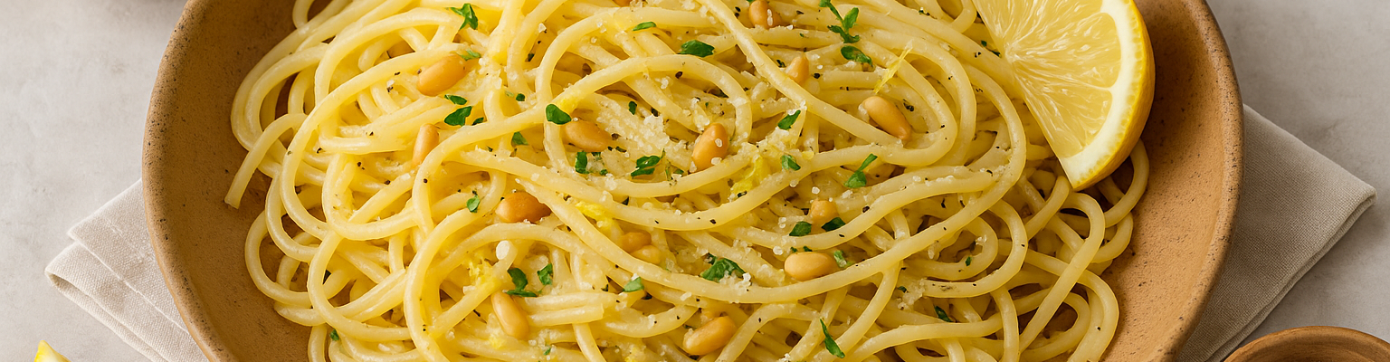 Plate of spaghetti tossed with pine nuts, chopped herbs, and grated cheese, served with a lemon wedge.