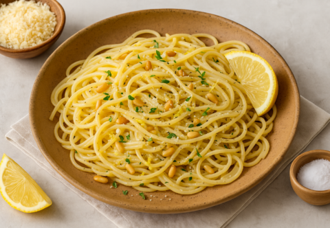 Plate of spaghetti tossed with pine nuts, chopped herbs, and grated cheese, served with a lemon wedge.