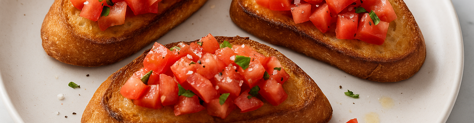 Golden toasted bruschetta topped with fresh diced tomatoes and basil on a white plate.