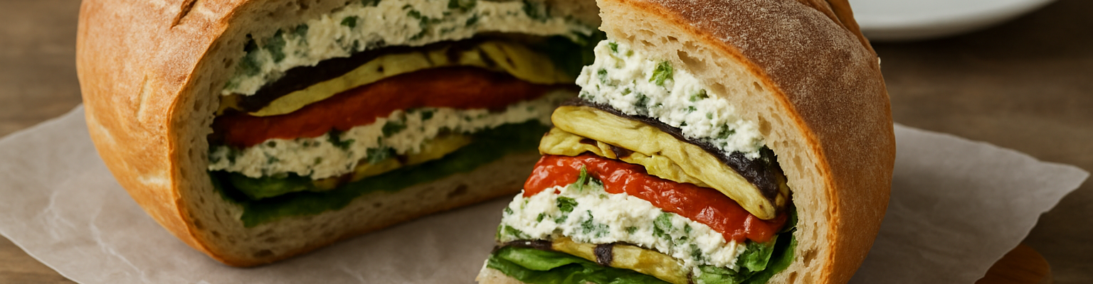 Round loaf of bread filled with layers of ricotta cheese, spinach, and roasted vegetables, with one slice cut to show the colorful filling.