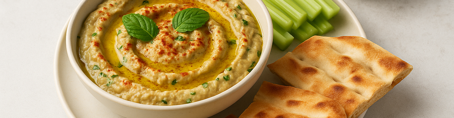 Bowl of creamy eggplant dip garnished with olive oil, paprika, and fresh herbs, served with celery sticks, pita bread, and a small bowl of olives.