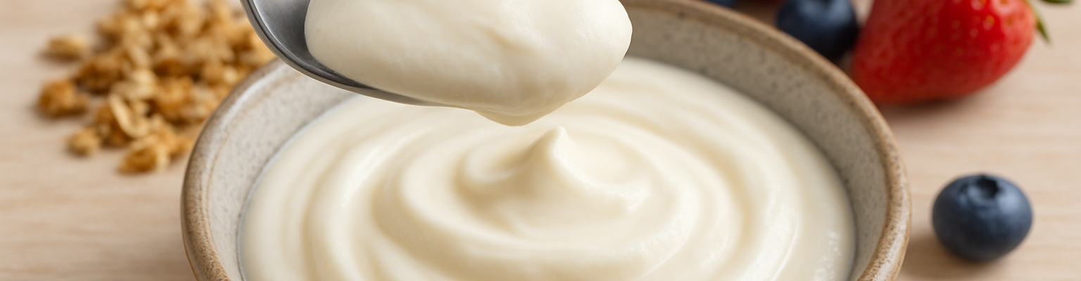 Creamy homemade yoghurt in a rustic bowl with a spoon lifting a thick scoop.