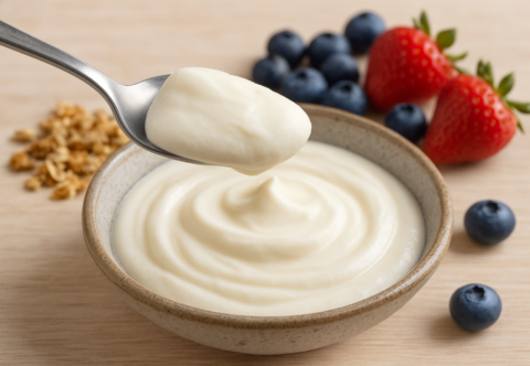 Creamy homemade yoghurt in a rustic bowl with a spoon lifting a thick scoop.