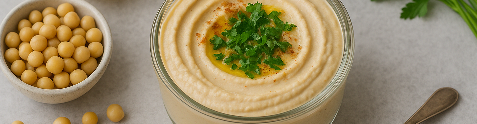 Creamy homemade hummus in a glass bowl, garnished with parsley, olive oil, and paprika, surrounded by chickpeas, lemons, and fresh parsley.