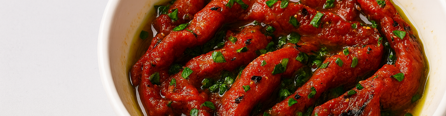 Bowl of roasted red capsicum strips marinated in olive oil and herbs, garnished with fresh chopped parsley.