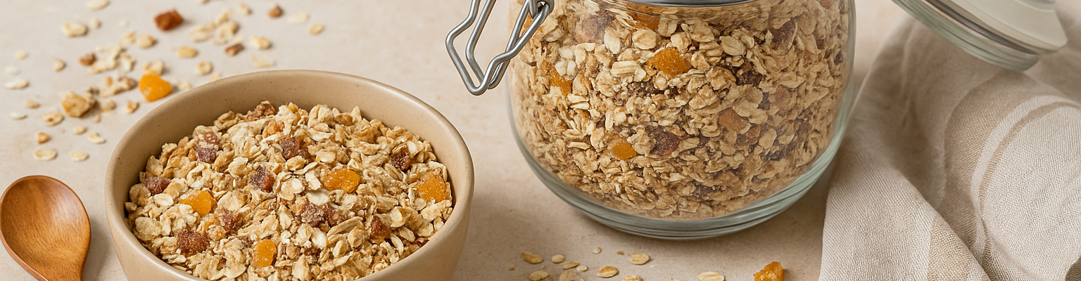Bowl and glass jar of homemade museli with dried fruit, surrounded by scattered oats, nuts and a wooden spoon.