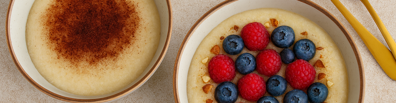 Two bowls of semolina porridge, one topped with cinnamon and the other with fresh raspberries, blueberries, and chopped nuts, with two gold spoons beside them.