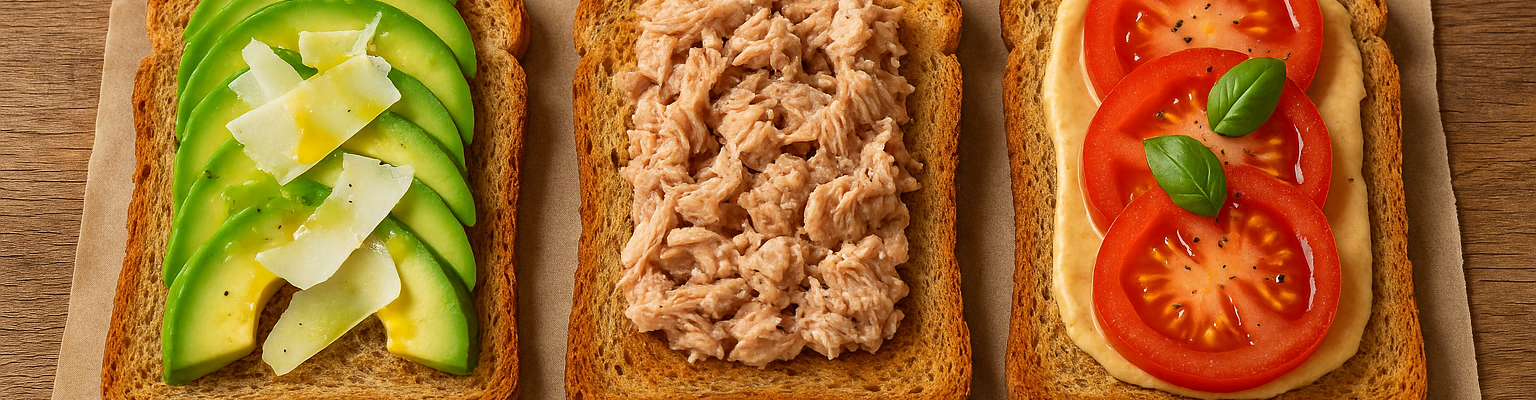 Three slices of toast on parchment: one topped with sliced avocado and shaved cheese, one with tuna, and one with hummus, tomato slices, and basil leaves.