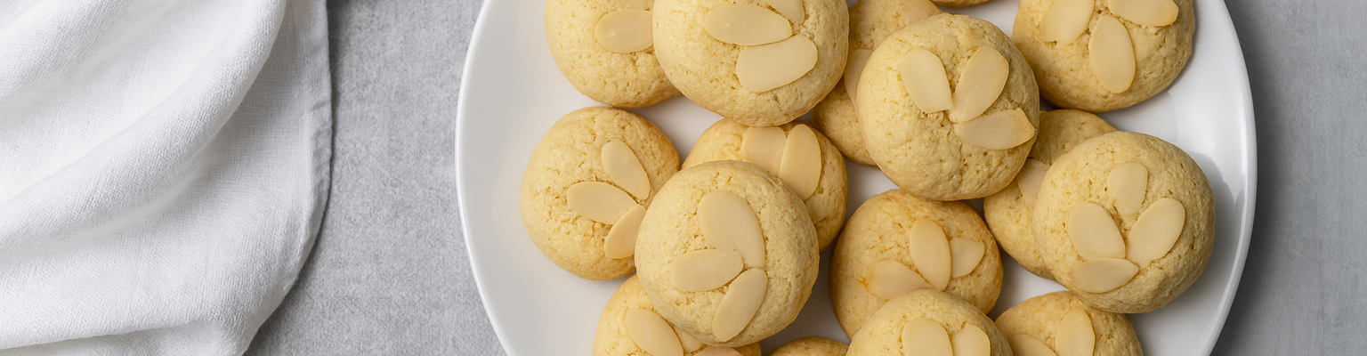 Plate of round almond biscuits topped with sliced almonds on a light gray background.