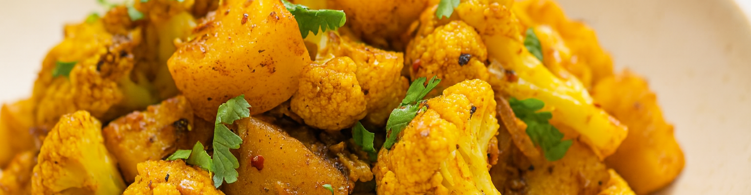 Indian aloo gobi curry with spiced potatoes, cauliflower, and fresh coriander in a white bowl.