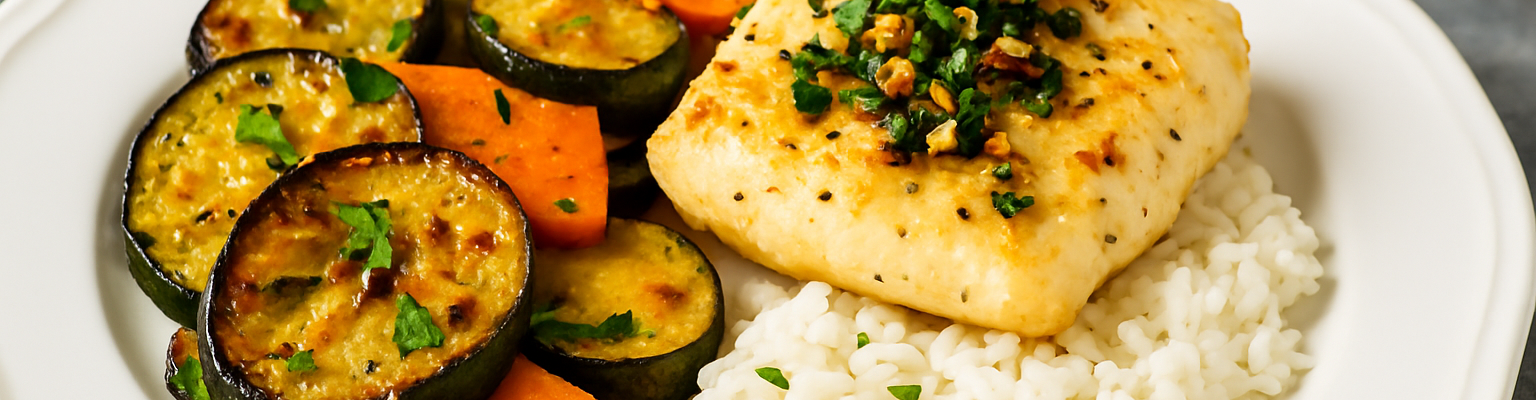 Baked white fish fillet served with roasted zucchini, carrots, and white rice on a white plate.