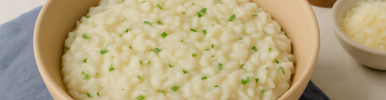 Creamy basic risotto garnished with fresh chopped herbs in a beige bowl.