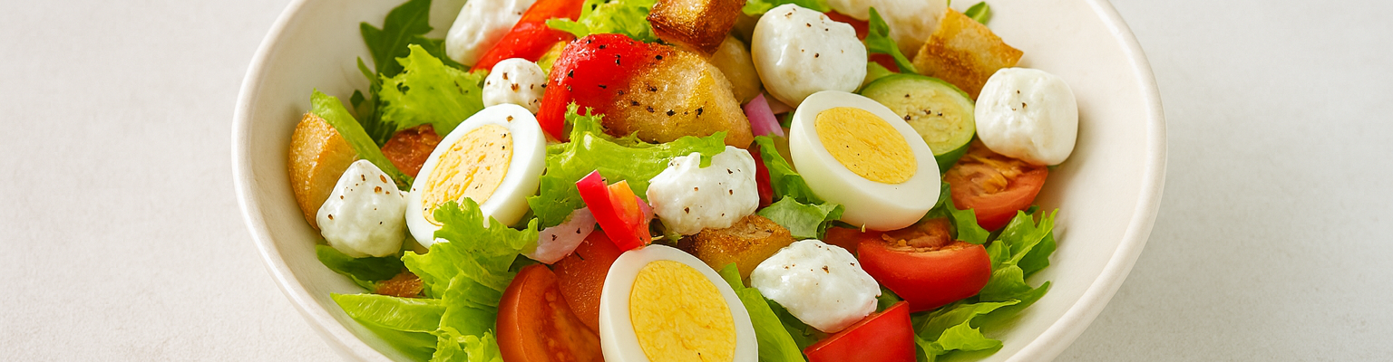 Fresh bocconcini salad with lettuce, tomatoes, cucumber, croutons, and hard-boiled eggs.