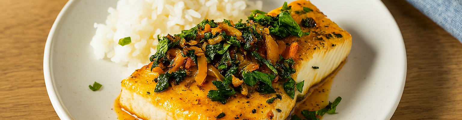 Braised white fish fillet with herbs and vegetables, served with steamed white rice on a white plate.