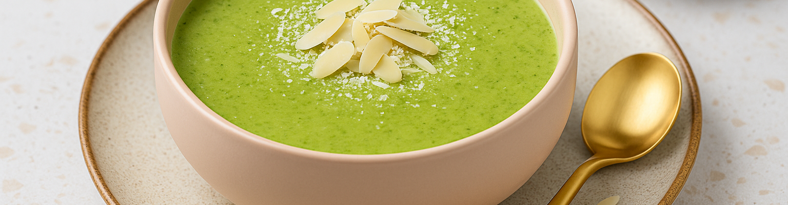 Bowl of creamy green broccoli soup topped with sliced almonds and grated cheese, served with a gold spoon.