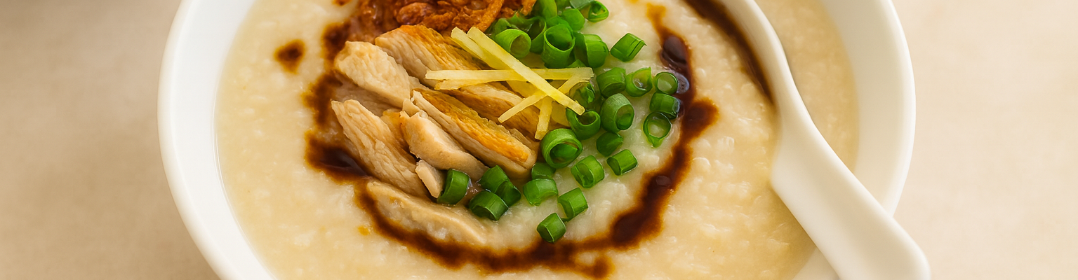 Brown rice congee topped with chicken, fried shallots, spring onions, ginger, and soy sauce in a white bowl.