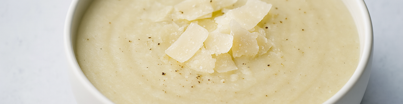 Creamy cauliflower soup served in a white bowl, topped with shaved parmesan cheese and freshly cracked black pepper.
