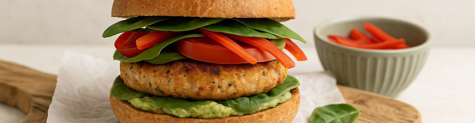 Sesame seed wholemeal bun chicken burger with avocado, lettuce, tomato, red capsicum strips, and fresh spinach leaves.