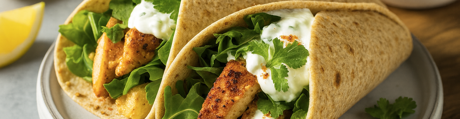 Two chicken shawarma wraps filled with grilled chicken, fresh greens, and Greek yoghurt, served on a white plate with lemon wedges and a bowl of sauce in the background.