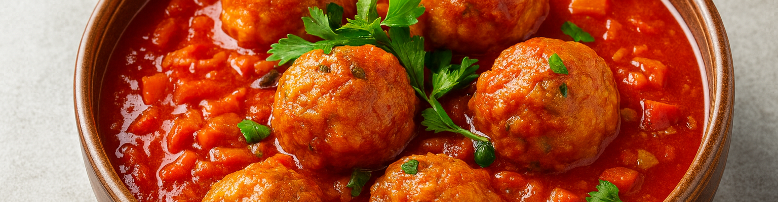 Chicken meatballs in a rich tomato sauce, garnished with fresh parsley in a rustic brown bowl.
