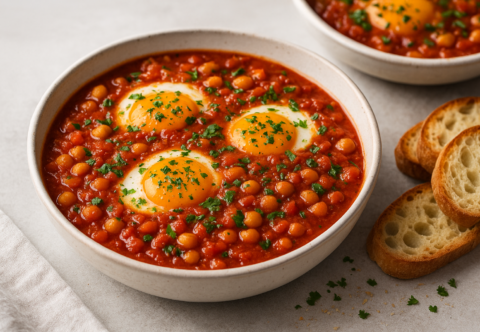 Bowl of chickpea and tomato stew with baked eggs, garnished with herbs, served with slices of crusty bread.