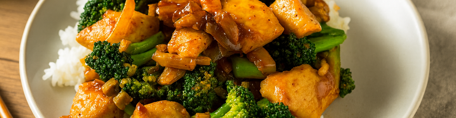 Chicken and broccoli stir-fry in a savoury sauce, served over steamed white rice.