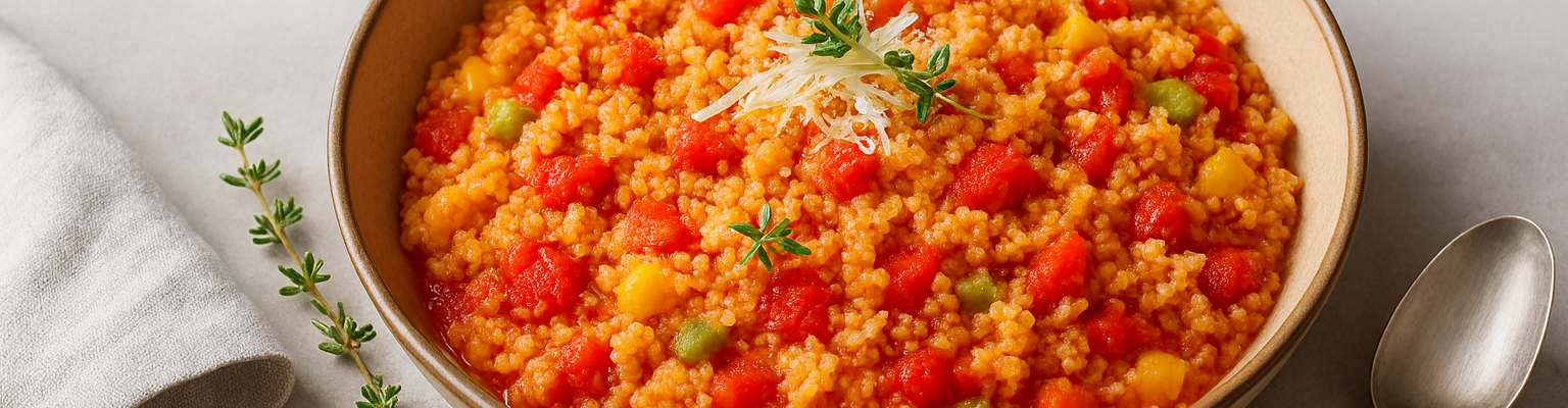 Bowl of couscous with diced tomatoes, capsicum, and a sprinkle of parmesan.