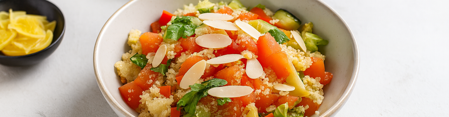 Colorful couscous salad with tomatoes, red capsicum, fresh herbs, and almond flakes.