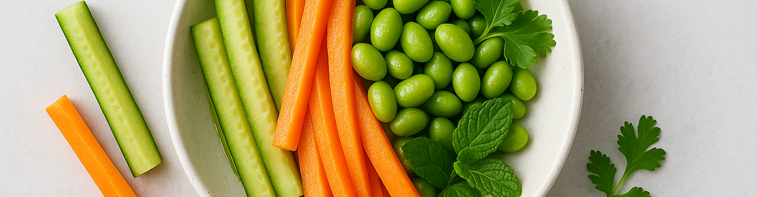 Bowl of fresh, pickled cucumber sticks, carrot sticks, and edamame beans garnished with coriander and mint leaves.