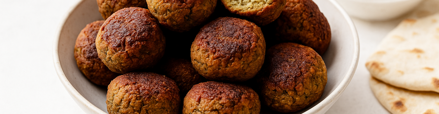 Crispy golden-brown falafel balls in a white bowl, with one falafel cut open to show the soft green interior, served with pita bread and yoghurt.