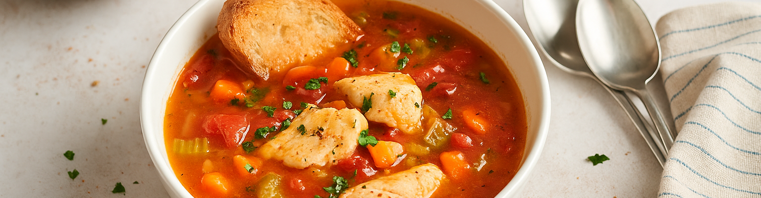 Bowl of fish vegetable soup with chunks of white fish, carrots, celery, and tomatoes, served with toasted french bread.