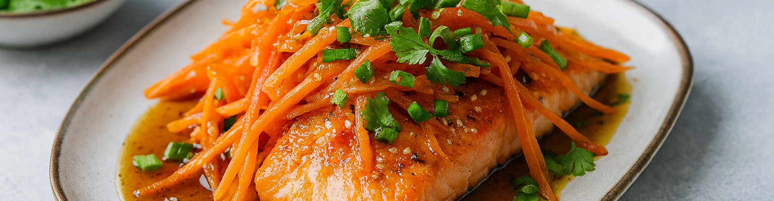 Plate of Thai-style salmon topped with julienned carrots, fresh coriander, and green chili in a lemongrass soy-based sauce.