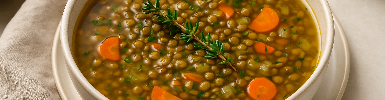 Bowl of French lentil soup with carrots and celery in a light broth, garnished with fresh thyme.