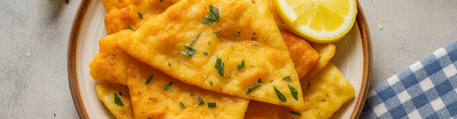 Crispy golden garlic bread garnished with herbs, served with fresh lemon slices on a plate.