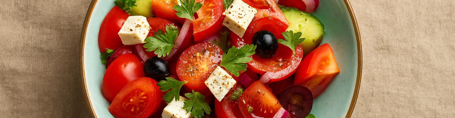 Fresh Greek salad with tomatoes, cucumber, black olives, red onion, and feta cheese in a light dressing.