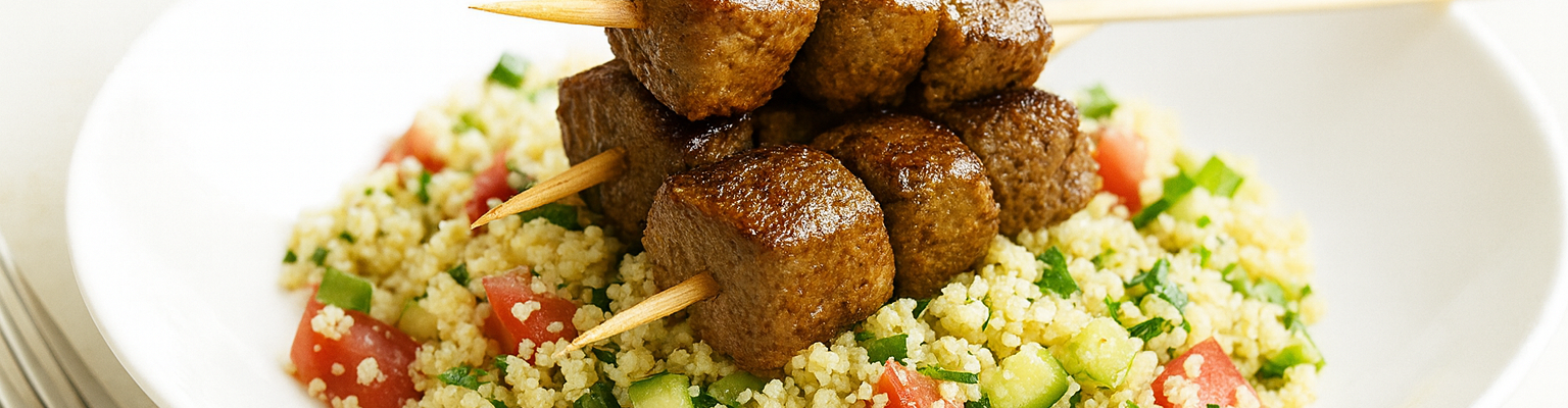 Pan-cooked lamb skewers with couscous salad of tomato, cucumber, parsley, and mint.