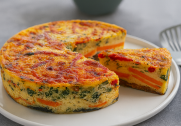 Round vegetable frittata with layers of carrot, spinach, and red pepper, with one slice cut out on a white plate.