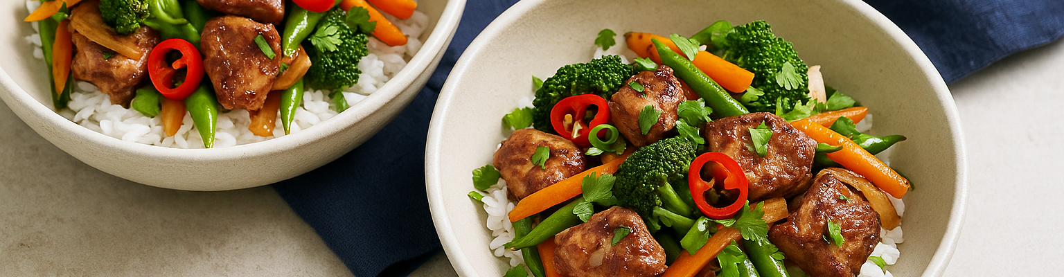 Lemongrass chicken with steamed rice, broccoli, carrots, green beans, and red chilli slices in a white bowl.