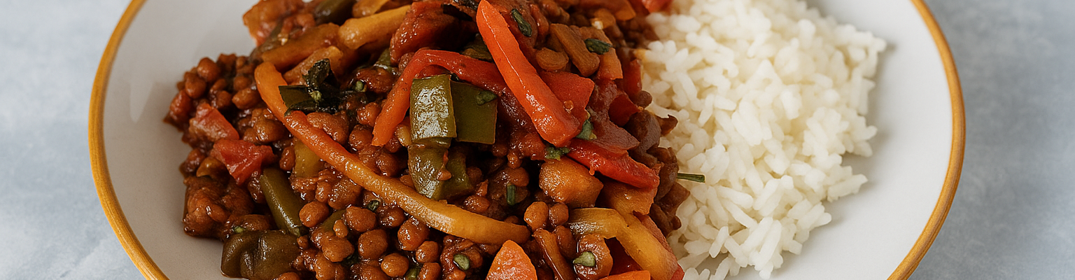“Lentil stir-fry with red and green capsicum, served with white, ginger rice