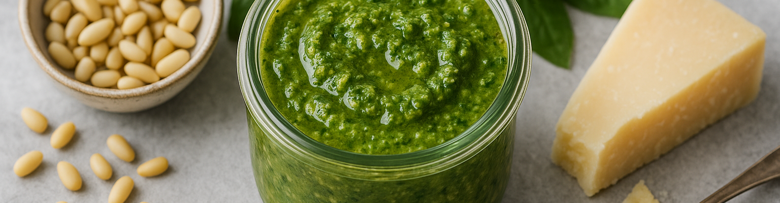 Homemade green pesto in a glass jar with basil leaves, pine nuts, and Parmesan cheese.