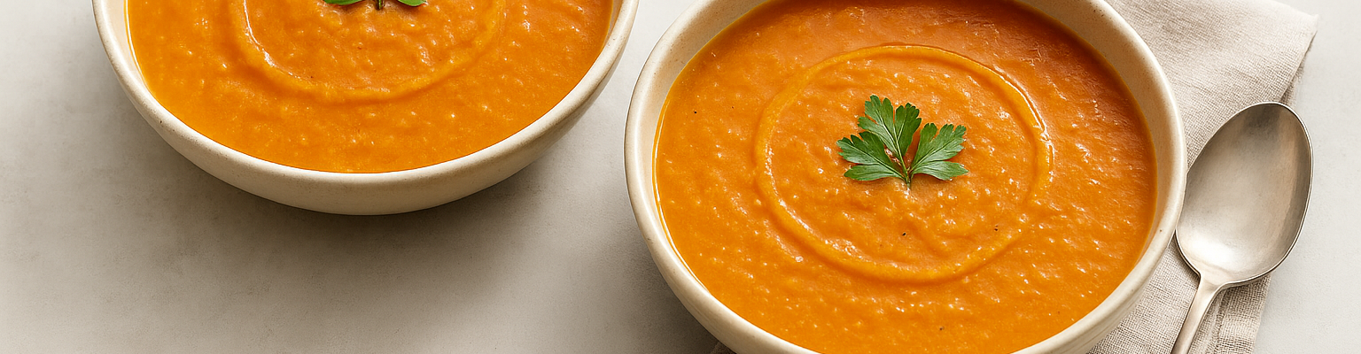 Two bowls of smooth red lentil soup on a neutral background with a spoon on the side.