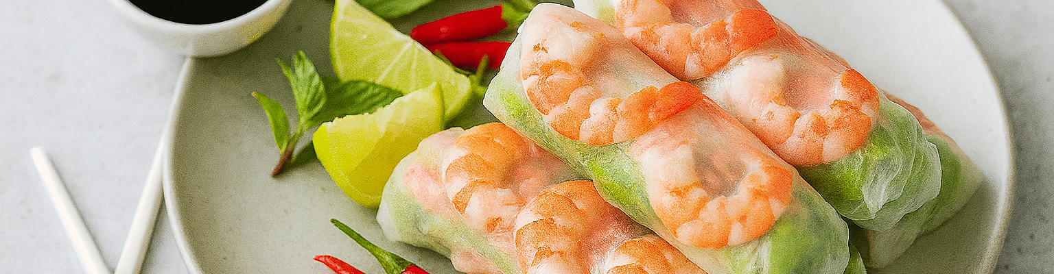 “Fresh prawn rice paper rolls with lettuce, herbs, and vermicelli noodles, served with dipping sauce.