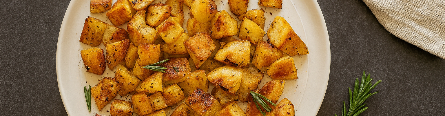 Plate of golden roasted potato cubes seasoned with herbs, garnished with fresh rosemary sprigs.