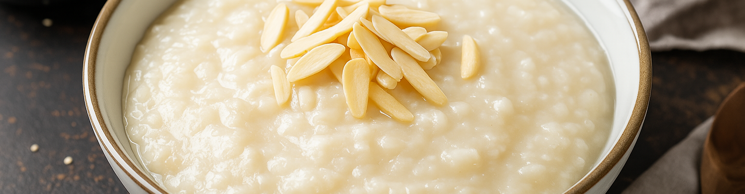 A bowl of creamy savoury congee topped with slivered almonds.