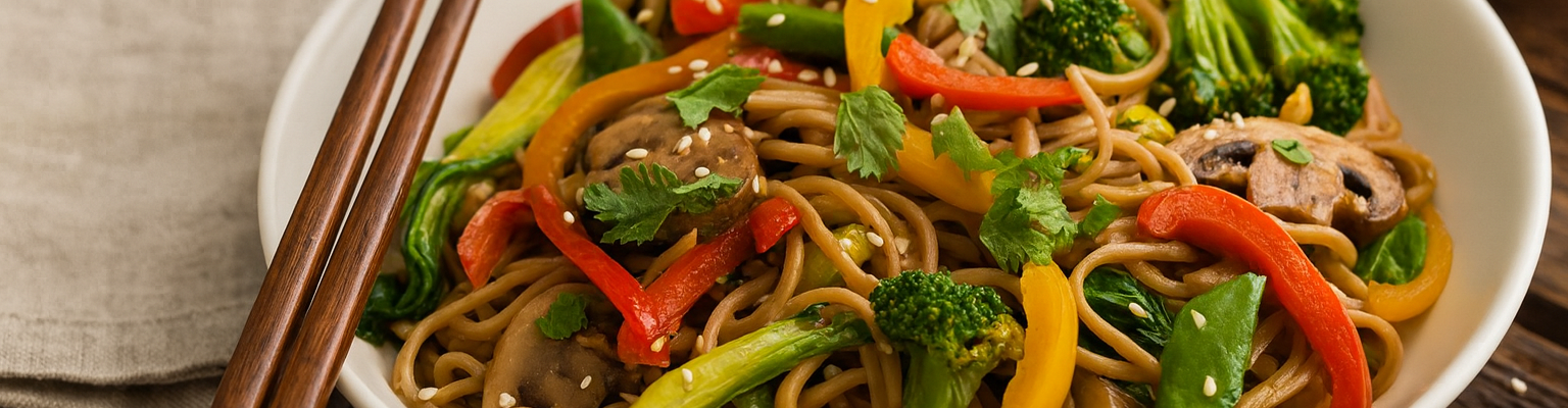 Soba noodle stir-fry with broccoli, bell peppers, mushrooms and sesame seeds in a white bowl.