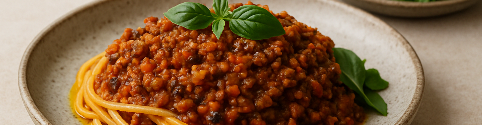 Spaghetti bolognese served with a rich meat sauce and fresh basil on a rustic plate.