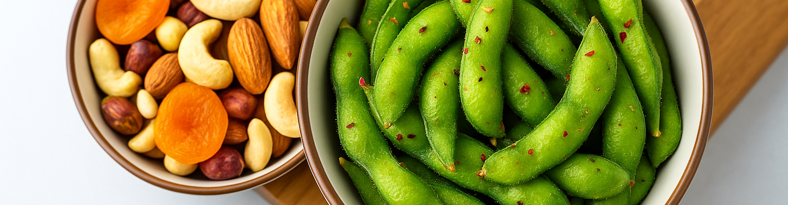 Bowl of steamed edamame with chili and a bowl of mixed nuts with dried apricots.