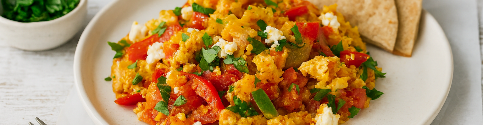 Plate of scrambled eggs with tomato, capsicum, and fresh herbs served with flatbread wedges.