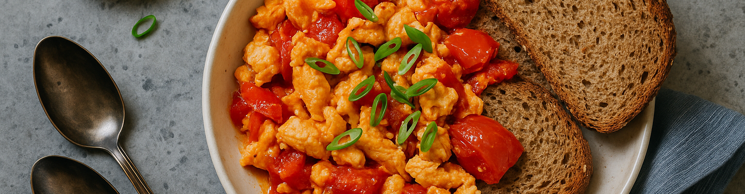 Stir-fried eggs with tomato chunks, garnished with green onions, served with toast.