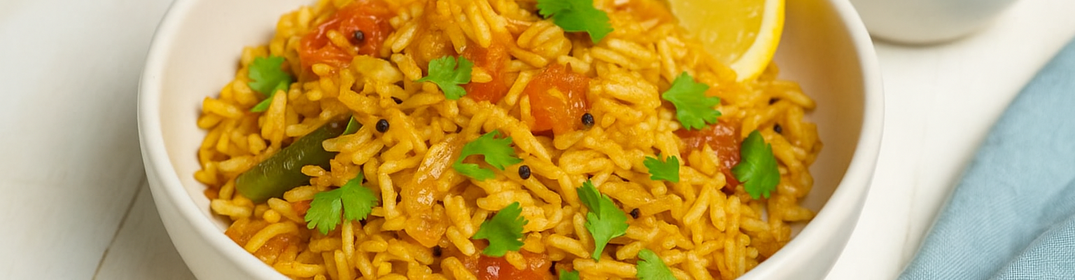 Tomato rice made with basmati rice, onions, garlic, tomatoes, and spices garnished with fresh coriander and lemon.